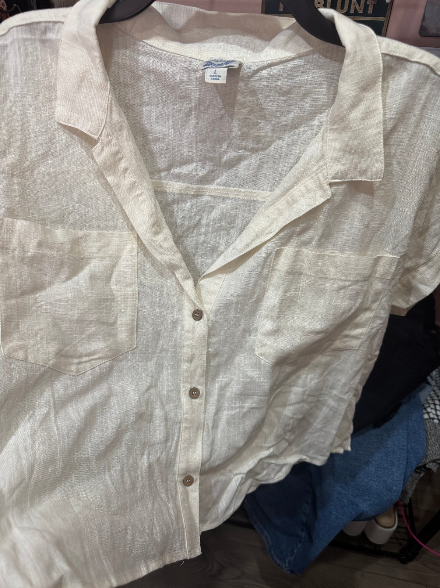 Blue Rain Size Large Cream Color Button Up TShirt