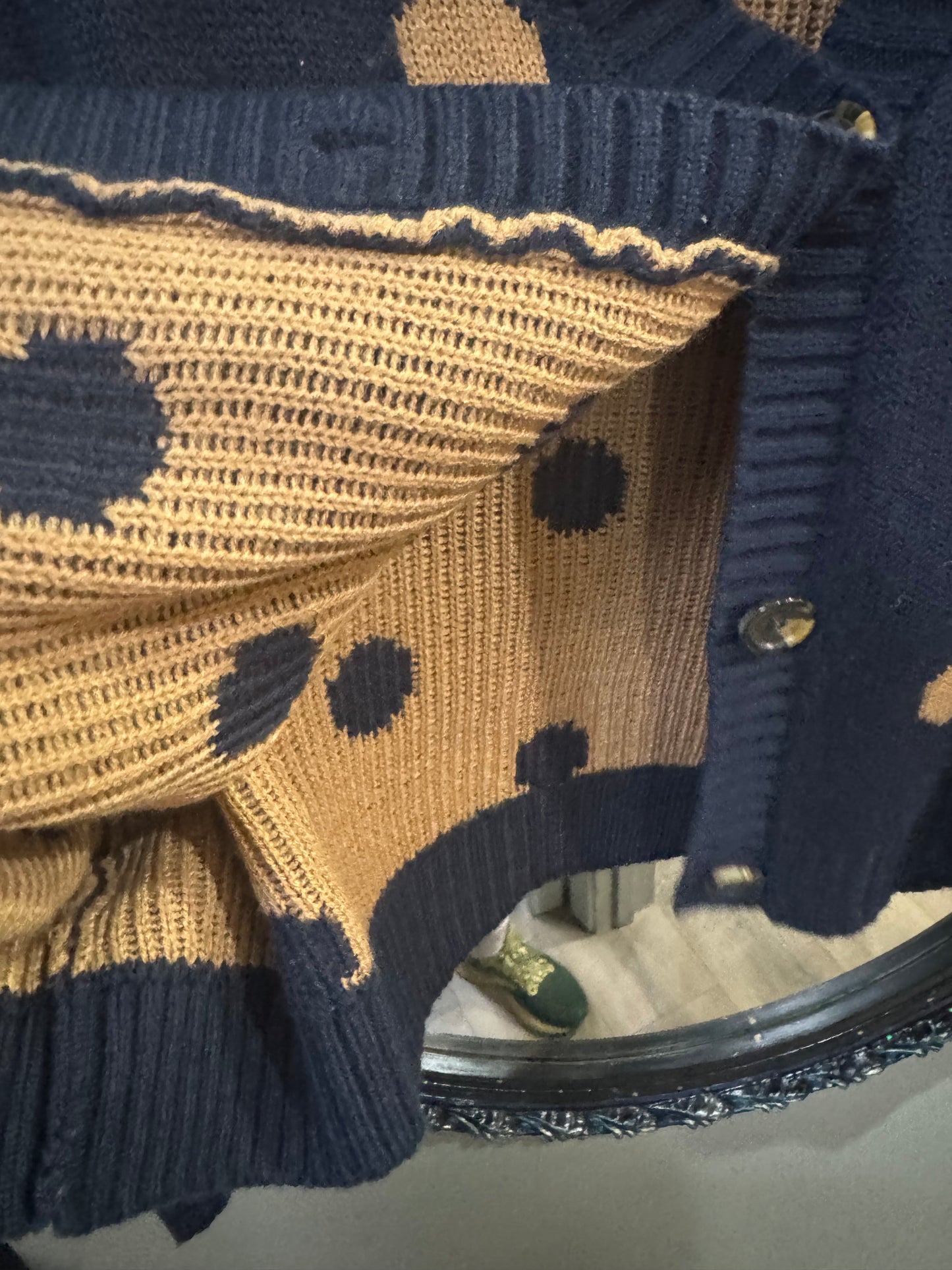 Cute Navy Blue Cardigan with Polka Dot Pattern - Size Medium