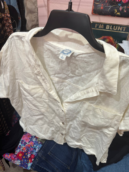 Blue Rain Size Large Cream Color Button Up TShirt