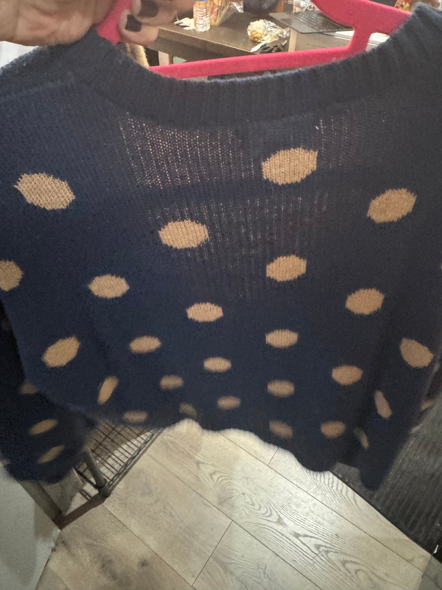 Cute Navy Blue Cardigan with Polka Dot Pattern - Size Medium