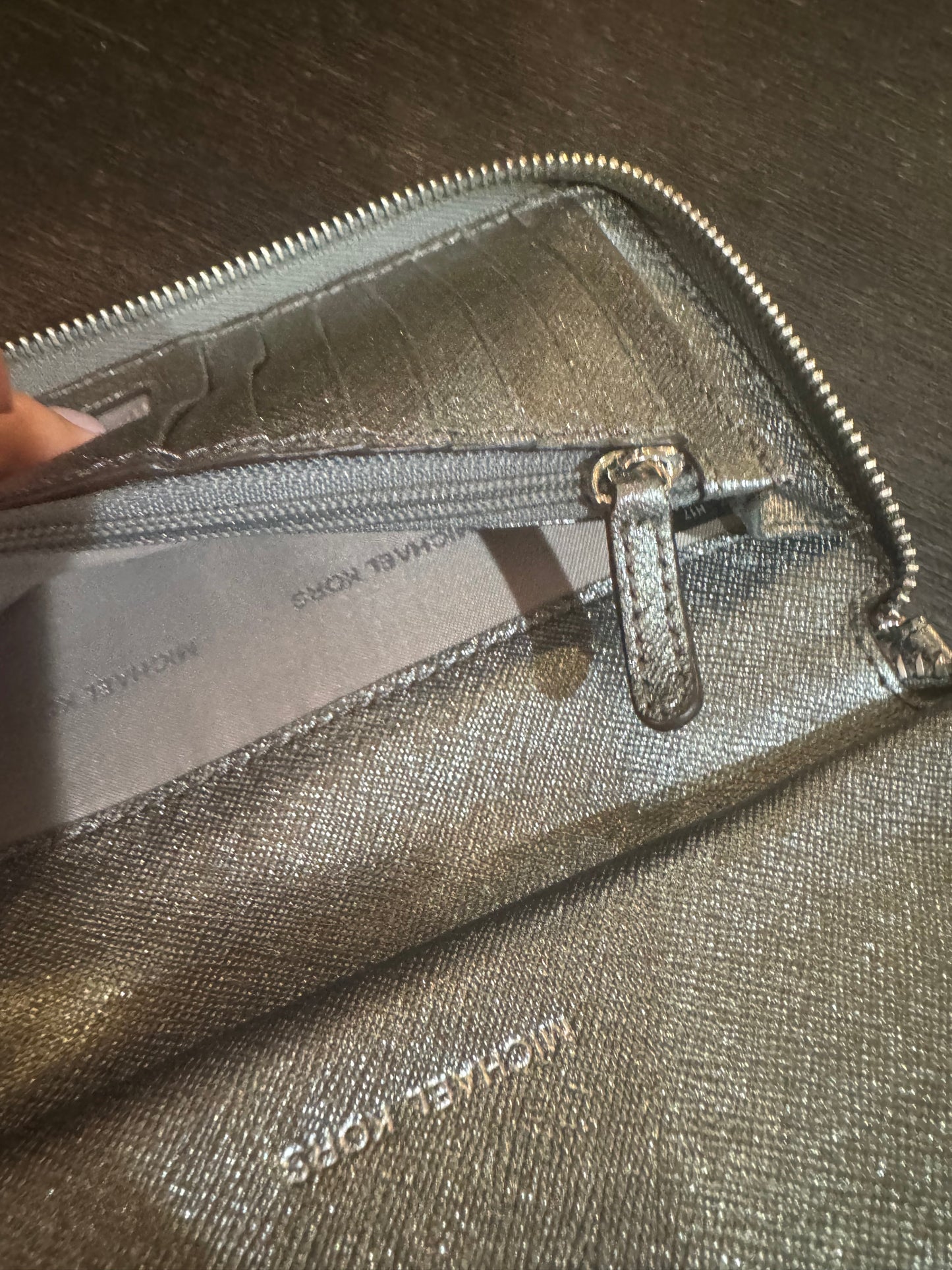 MK Metallic Look Zip Around Wallet