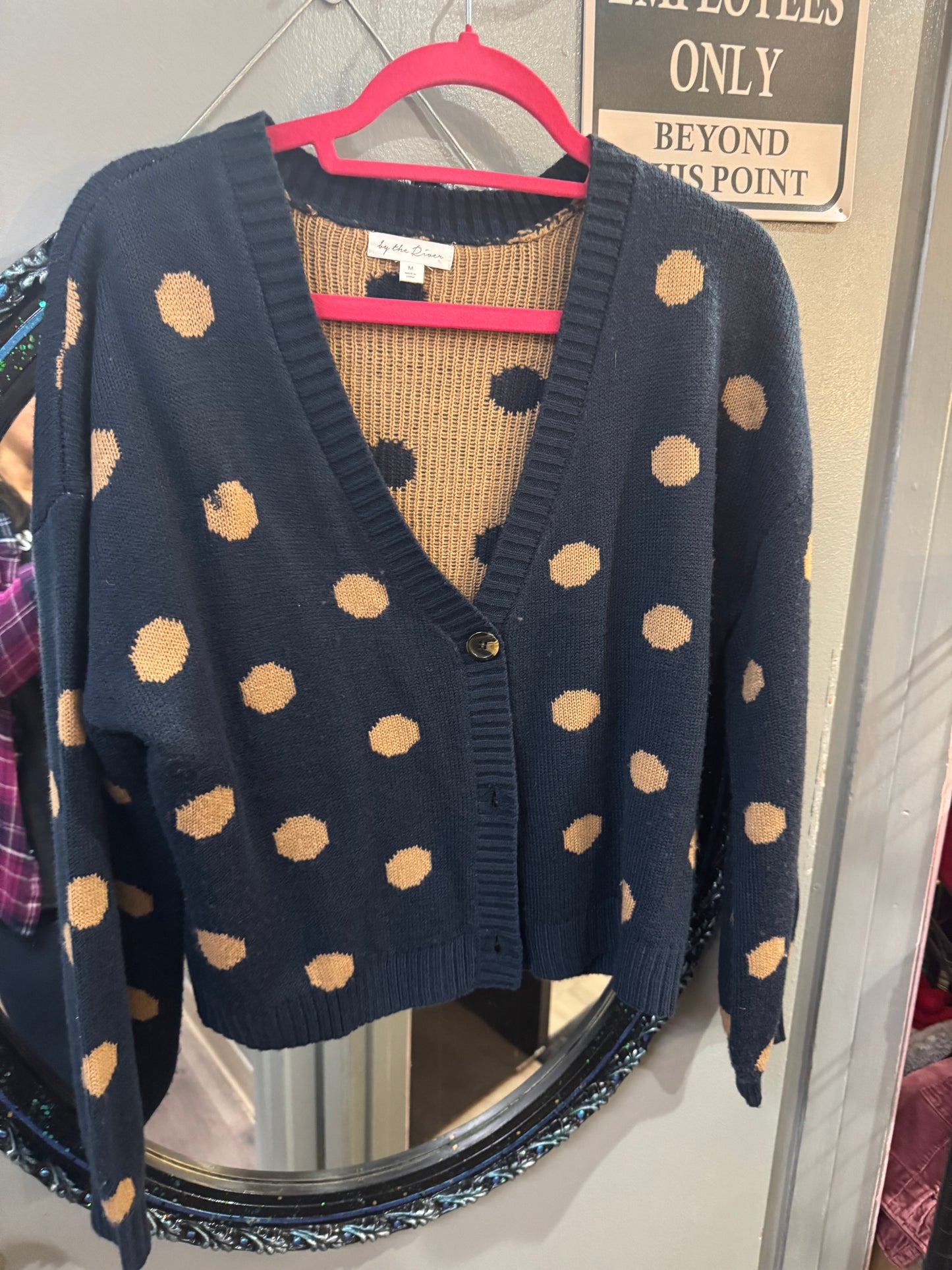 Cute Navy Blue Cardigan with Polka Dot Pattern - Size Medium