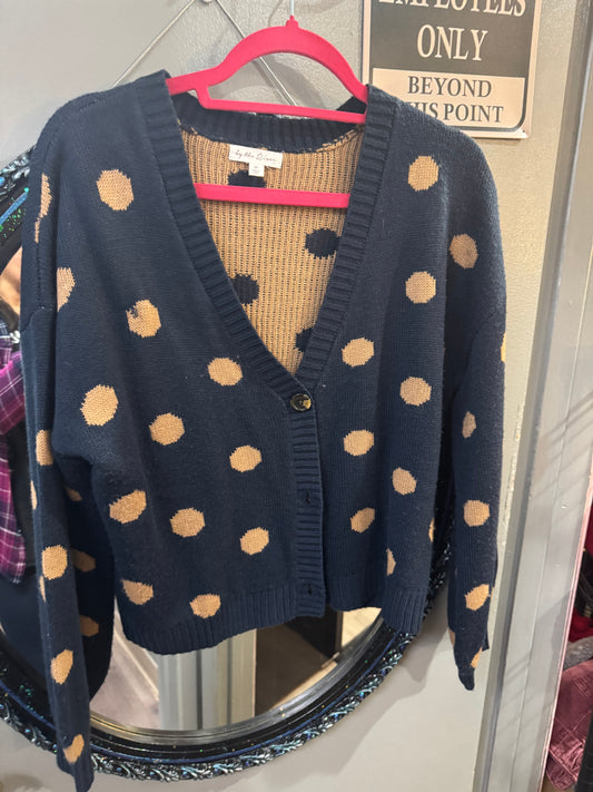 Cute Navy Blue Cardigan with Polka Dot Pattern - Size Medium
